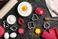 Baking utensils and ingredients. Colorful silicone cooking utensils, rolling pin, cookie mold,.ÃÂ 